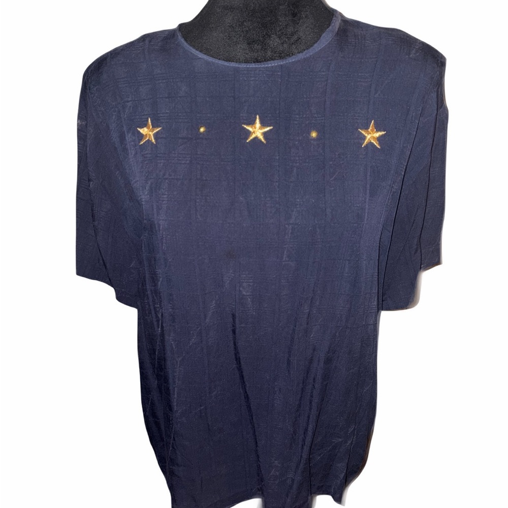 Navy Short Sleeve Tee with Gold Star Embroidery